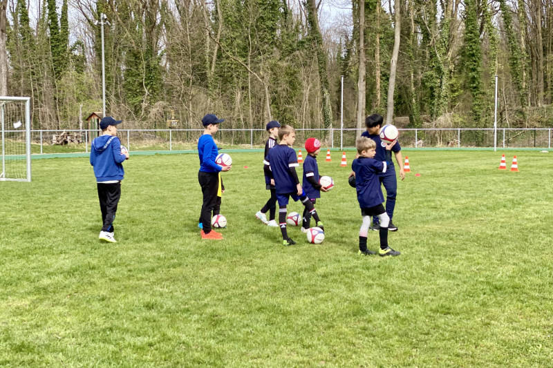 Mehrere Kinder mit Bällen auf Rasen