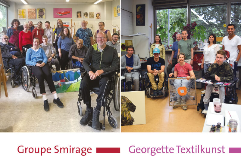 Die Teilnehmer*innen aus der Groupe Smirage und die Teilnehmer*innen aus der Gruppe Georgette Textilkunst.