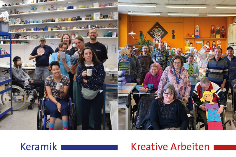 Die Teilnehmer*innen aus der Keramikgruppe und die Teilnehmer*innen aus der Gruppe Kreatives Arbeiten.
